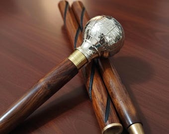 Engraved Brass Globe Handle Walking Cane – Vintage Style Wooden Walking Stick (36 Inches)
