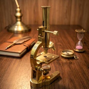 Vintage mässingsmikroskop, antikt vetenskapligt instrument, steampunk-dekor, vetenskaplig gåva