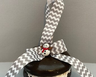 Maine Whoopie Pie Ornament, snowman, chevron silver ribbon