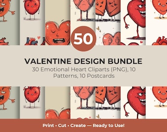 Valentine Design Bundle – 30 Emotional Heart Cliparts (PNG), 10 Patterns, 10 Postcards, Instant Download