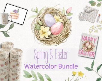 Watercolor Easter Clipart Bundle: Seamless Patterns and Printable Cards (PDF & PNG)