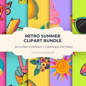 May include: A digital clipart bundle with a retro summer theme. The image features colorful illustrations of sunglasses, ice cream, a peace sign, and a mushroom. Text reads "Retro Summer Clipart Bundle" with details about the elements and patterns.
