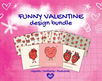Funny Valentine Clipart Bundle | Hand-Drawn Illustrations, Patterns, Postcards (Digital Download)