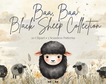Baa Baa Black Sheep Nursery Bundle, 30 PNG Clipart, 5 Seamless Patterns, Watercolor Baby Shower Designs