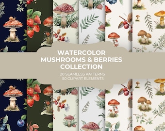 Watercolor Mushrooms & Berries Bundle • 20 Seamless Patterns • 50 PNG Clipart • Woodland Cottagecore Design