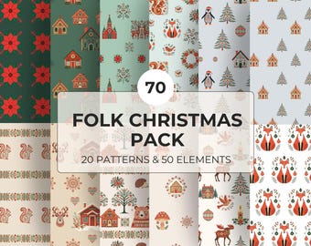70 Christmas Folk Graphics • Clipart + Seamless Patterns • Scandinavian Style