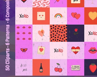 Love in Squares Clipart Bundle | Retro Valentine Clipart, Seamless Patterns, Square Icons, Digital Download