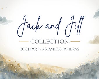 Jack and Jill Clipart & Seamless Patterns Bundle, Nursery Rhyme PNG, Watercolor Baby Designs