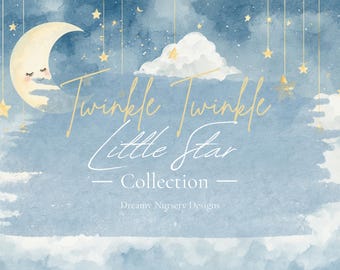 Twinkle Twinkle Little Star Nursery Bundle, 30 PNG Clipart, 5 Seamless Patterns, Watercolor Baby Shower Designs