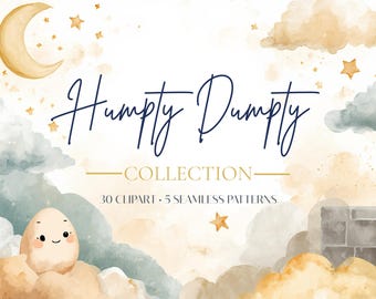 Humpty Dumpty Nursery Bundle, 30 PNG Clipart, 5 Seamless Patterns, Watercolor Baby Shower Designs