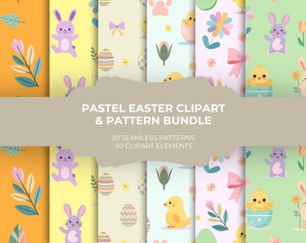 Pastel Easter Clipart Pattern Bundle – Bunny, Chick, Spring Designs (Digital Download)