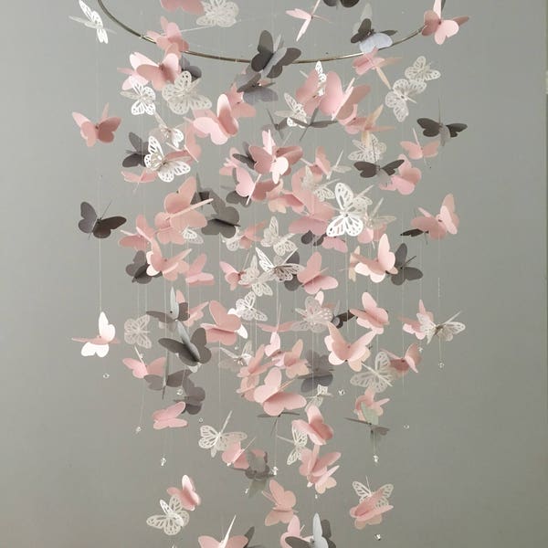 Butterfly Chandelier  Mobile, in pink, gray and white-mostly solid butterflies, shower gift, nursery mobile, baby girl mobile, baby mobile