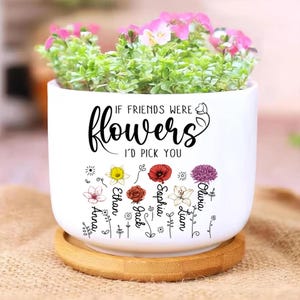 May include: White ceramic planter with the text "IF FRIENDS WERE flowers I'D PICK YOU" and names like Anna, Ethan, and Olivia. The planter holds green plants and pink flowers, sitting on a wooden saucer.