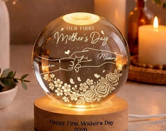 First Mother's Day Crystal Ball Light, Personalized Photo Night Lamp, Wood Base Gift