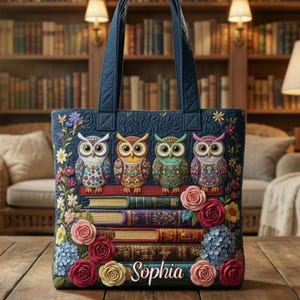 May include: A navy blue tote bag with four owl designs sitting on books, surrounded by floral embroidery. The bag features roses and hydrangeas. The name "Sophia" is displayed at the bottom of the bag.