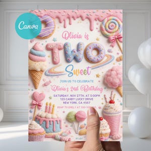 Invitación de cumpleaños para dos niñas, invitación para el segundo cumpleaños de una niña, invitación de dulces para dos años, plantilla editable de Canva para postres, donas y helados.