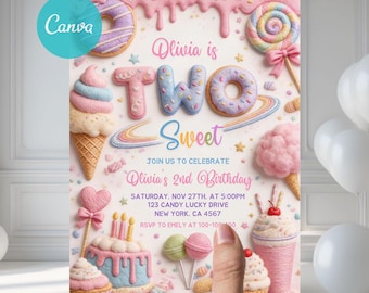 Two Sweet Birthday Invitation, Sweet 2nd Birthday Girl Invite, Two Year Candy Invite, Sweets Dessert Donut Ice Cream Template Editable Canva