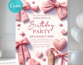 Pink Bow Birthday Invitation, Coquette Pink Bow Invitation, Girl Pink Birthday Invite, Pink Girl Ribbon Birthday Invitation, Editable Canva