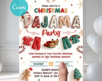 Christmas Pajama Invitations, Pajama Invitation, Holiday Pajama Party Invitation, Christmas Party Invitation, Editable CanvaCP77