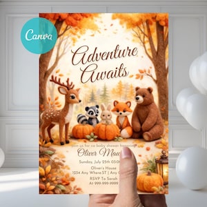 May include: An invitation with the text "Adventure Awaits" features a fall-themed illustration. It includes a deer, raccoon, rabbit, fox, and bear, with pumpkins. The invitation is for a baby shower, with event details.