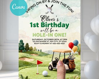Hole In One First Birthday Invitation Set, Golf Par-Tee First Birthday Invitation, Editable Golf 1st Birthday Invite Template Canva GP31
