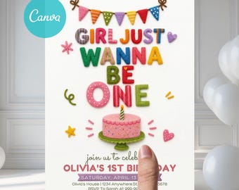 Girls Just Wanna Be One Birthday Invitation, Cute Colorful Felt Style First Birthday Girl Party Invite, Playful 1st Birthday Theme, Editable