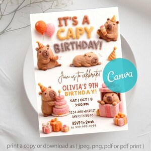 zoo animal birthday,cute animal invite,kids capy birthday,printable invitation,cute capybara card,its a capy birthday,editable template,canva template,cute capybara,funny invitation,capybara invite,capybara birthday,animal themed