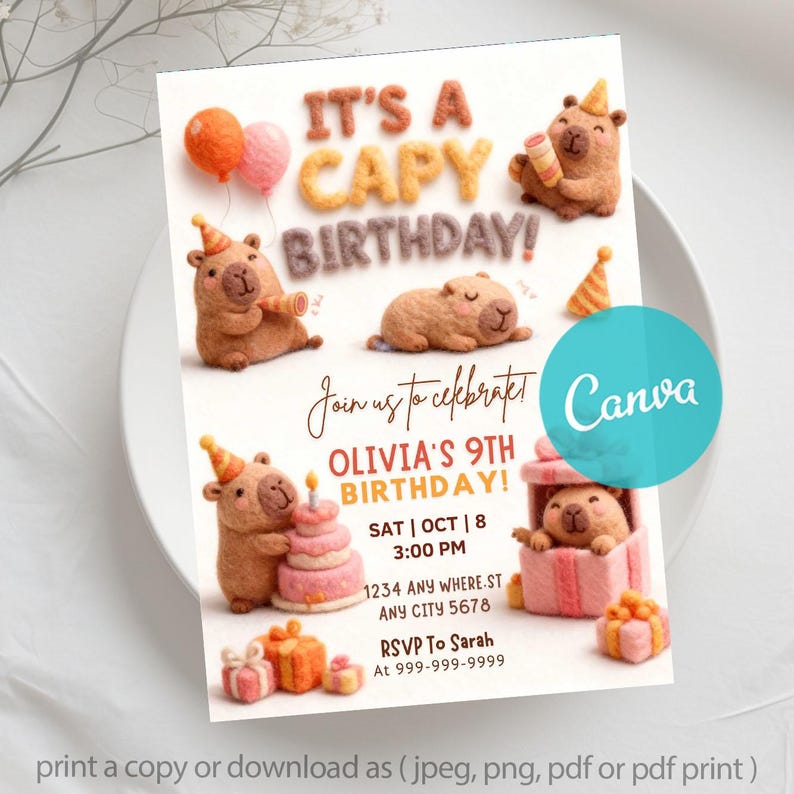 zoo animal birthday,cute animal invite,kids capy birthday,printable invitation,cute capybara card,its a capy birthday,editable template,canva template,cute capybara,funny invitation,capybara invite,capybara birthday,animal themed