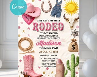 My Second Rodeo Invitation, Cowgirl Birthday Invite, Wild West Cowgirl This Ain't My First Rodeo Birthday Invite, Editable Canva Template R2