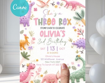 Pastel Dinosaur Birthday Invitation Girl Three Rex Dinosaur Birthday Party Invitation, Cute Dino Pink Editable CanvaTemplate Printable DPX4