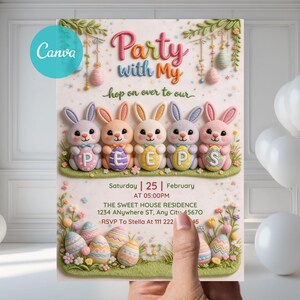 May include: An Easter party invitation featuring five pastel-colored bunny characters holding decorated eggs that spell out "PEEPS." The invitation includes the party details: date, time, location, and RSVP information. The design incorporates floral and egg motifs.