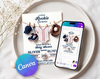 May include: A baseball-themed baby shower invitation card featuring a navy cap, tiny sneakers, a pinstriped jersey, and a glove hanging on a clothesline. The text reads A LITTLE ROOKIE IS ON THE WAY, PLEASE JOIN US FOR A BABY SHOWER, OLIVER, OLIVIA, OCTOBER 25, 03:00PM, 789 ALL-STAR LANE. A smartphone displays the same design.