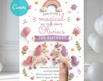 May include: A white birthday invitation card featuring a pastel rainbow, two unicorns, flowers, hearts, and a balloon. The text reads: Join us for a magical day to celebrate Olivia's 3rd birthday, Saturday, Oct 25 at 3, Olivia's house, 1234 Anywhere.ST, RSVP to Sarah at 999-9999.