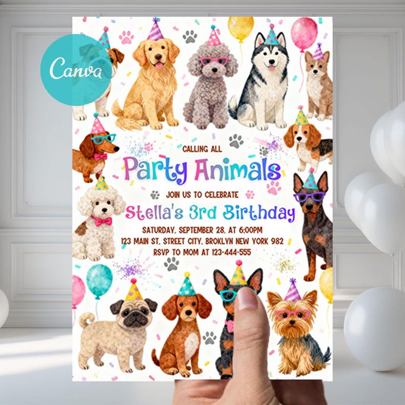 Editable Dogs Birthday Party Invitation Calling All Pawty Animals Party ...