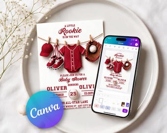 May include: A baby shower invitation template featuring a baseball theme with a red cap, shoes, jersey, and glove hanging on a clothesline. The text reads A LITTLE ROOKIE IS ON THE WAY, PLEASE JOIN US FOR A BABY SHOWER, OLIVER, OLIVIA, and 25.