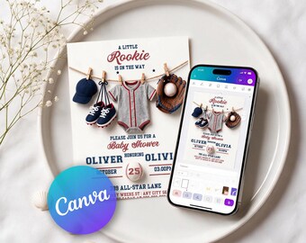 May include: A baby shower invitation card featuring a baseball theme with a navy cap, sneakers, a grey onesie, and a glove hanging on a clothesline. The text reads A LITTLE ROOKIE IS ON THE WAY, PLEASE JOIN US FOR A BABY SHOWER, OLIVER, and OCTOBER 25.