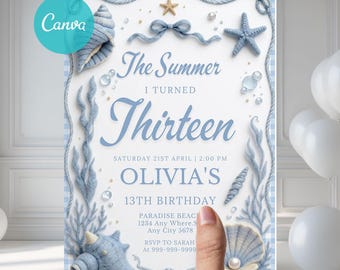 May include: A rectangular birthday invitation card featuring a light blue gingham border, decorated with illustrations of seashells, starfish, pearls, and rope. The text reads: The Summer I Turned Thirteen, Saturday 21st April, 2:00 PM, Olivia's 13th Birthday.