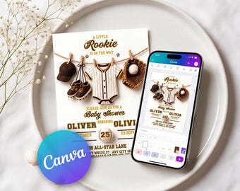 May include: A baby shower invitation card featuring a baseball theme with a cap, shoes, jersey, and glove hanging on a clothesline. The text reads A LITTLE Rookie IS ON THE WAY, PLEASE JOIN US FOR A Baby Shower, OLIVER, OLIVIA, 25, 789 ALL-STAR LANE.