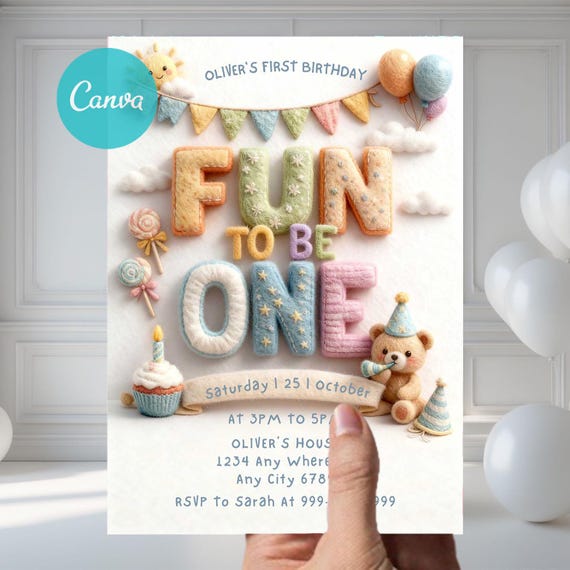 Its Fun to Be One, First Birthday Pink Fun Bright Girl Colorful Theme Invite, Fun to be One Birthday Party Invitation, Editable Canva FTB2