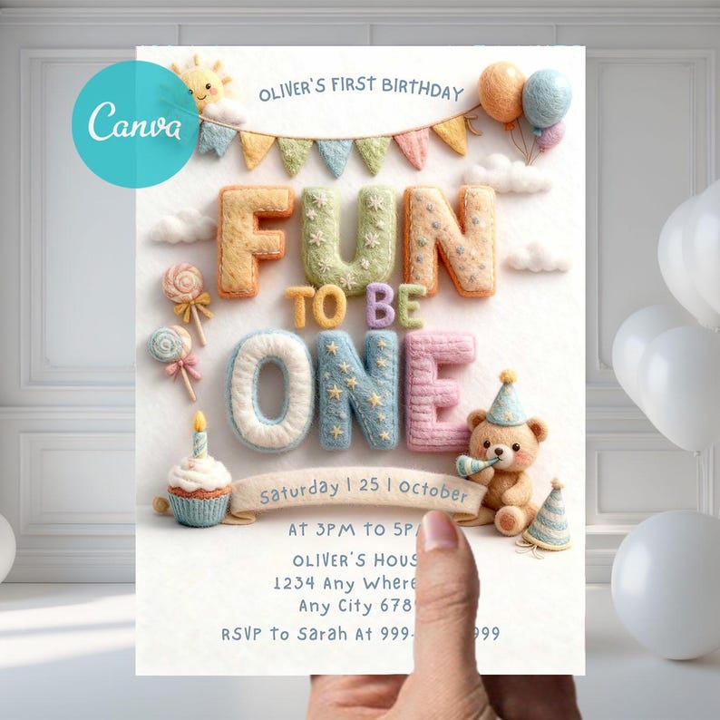 Fun to Be One,What Fun it is,Green Gingham,Colorful First,primary colors,fun to be one,colorful invitation,It's fun to be one,Primary bright color,Free Canva invite,Groovy design,Confetti simple,Colorful colors,