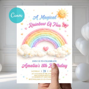 May include: A colorful birthday invitation with a rainbow, sun, and butterfly illustration. The text reads "A Magical Rainbow Of Fun" and invites guests to Amelia's 5th birthday party. The invitation is held by a hand.