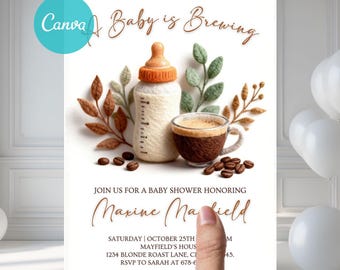 A Baby is Brewing Baby Shower Invitation, Coffee Baby Shower Template, Editable Baby Shower Template with Coffee Beans Digital Download CBQ1