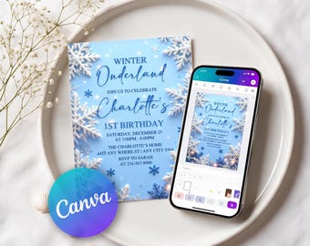 May include: A light blue birthday invitation card featuring white snowflake graphics and the text Winter Onderland Join Us To Celebrate Charlotte's 1st Birthday, displayed alongside a smartphone showing the same digital design.