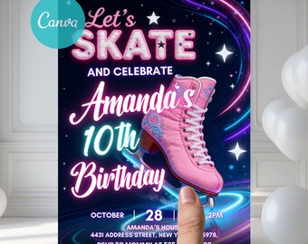 May include: A party invitation with a pink roller skate illustration. The invitation reads "Let's Skate and Celebrate Amanda's 10th Birthday" with event details. The background features a dark blue space theme with neon lines and stars.