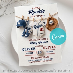 May include: A baby shower invitation featuring a baseball theme with a blue helmet, cleats, a Dodgers jersey, and a glove hanging from a clothesline. Text includes A LITTLE Rookie IS ON THE WAY, PLEASE JOIN US FOR A Baby Shower HONORING OLIVER OLIVIA OCTOBER 25 03:00PM 789 ALL-STAR LANE 1234 ANY WHERE.ST ANY CITY 5678 RSVP TO SARAH AT 999-999-9999.
