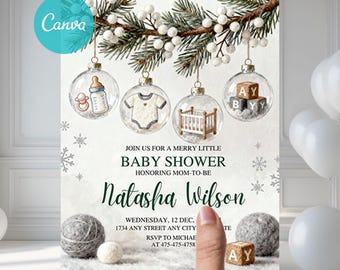 Könnte beinhalten: Eine Babyparty-Einladung mit Winterthema. Die Einladung zeigt Aquarellillustrationen von Babyartikeln in durchsichtigen Kugeln mit dem Text "Join us for a Merry Little Baby Shower". Die Einladung wird von einer Hand gehalten.