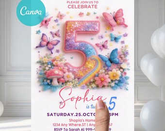 May include: A colorful invitation for a fifth birthday celebration. The design features a large, glittery number 5, surrounded by butterflies, flowers, and a rainbow. The invitation includes the name "Sophia", date, time, and location details.