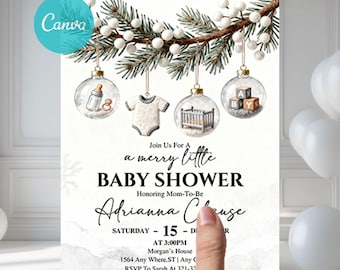 Könnte beinhalten: Babyparty-Einladung mit Aquarellillustrationen von Babyartikeln in durchsichtigen Kugeln. Die Einladung enthält den Text "Join Us For A Merry Little Baby Shower" und den Namen "Adrianna Cheuge".