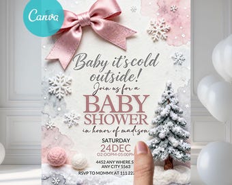Pink Bow Baby It's Cold Outside Baby Shower Invite Christmas Holiday Snowflake Snowfall Winter Wonderland Elegant Shower Invitation PBBI