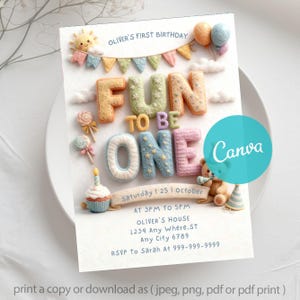 Fun to Be One,What Fun it is,Green Gingham,Colorful First,primary colors,fun to be one,colorful invitation,It's fun to be one,Primary bright color,Free Canva invite,Groovy design,Confetti simple,Colorful colors,